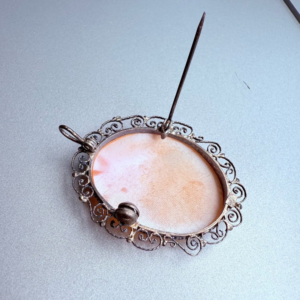 Antique Shell Cameo Sterling Silver 925 Lace Scroll Brooch Pendant Victorian Era - Picture 4 of 8
